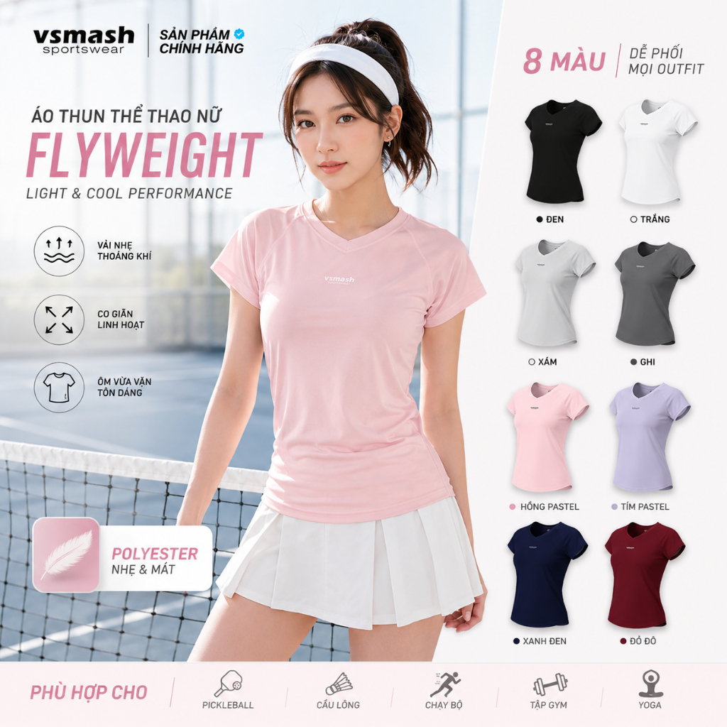 Áo Thun Thể Thao Nữ Vsmash Sportswear FLYWEIGHT Cao Cấp – Co Giãn, Nhẹ, Mát, Gym Chạy Bộ Cầu Lông Yoga Tennis Pickleball