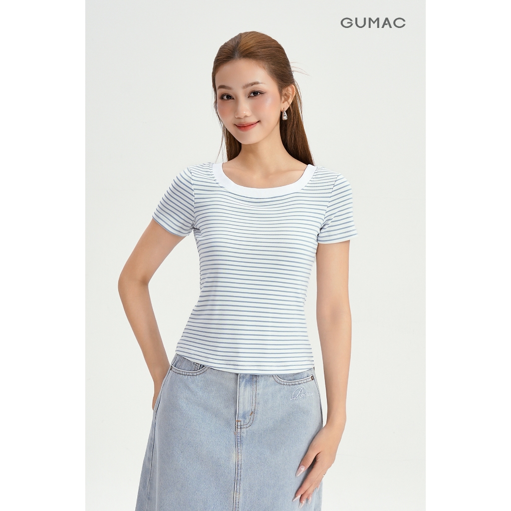 Áo Thun Nữ GUMAC Form Ôm Nhẹ Kẻ Sọc Cổ Vuông Chất Thun Gân Co Giãn Thoải Mái LATG0407