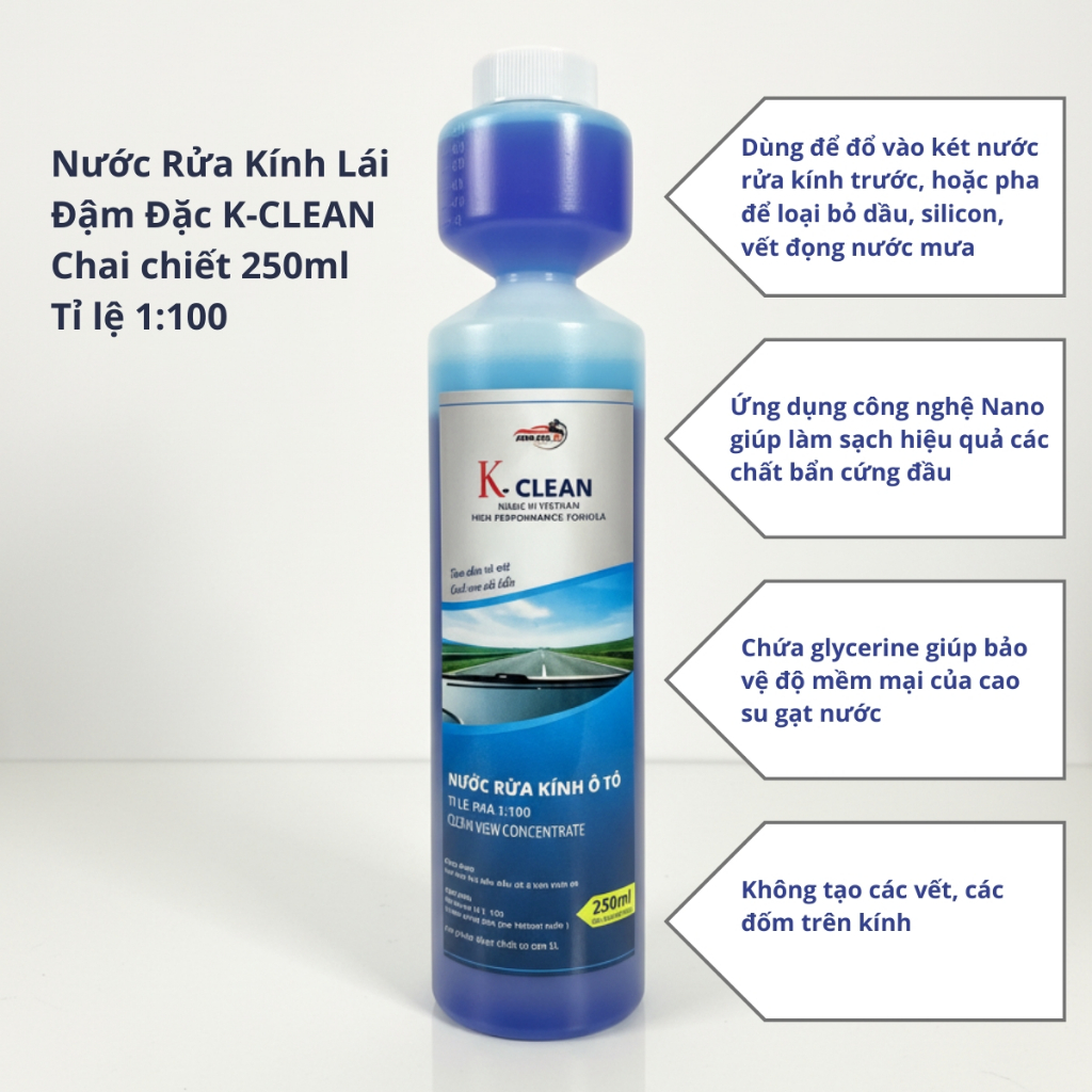 Dung Dịch Rửa Kính Ô Tô Nano K-CLEAN 250ml | Pha 1:100 Siêu Tiết Kiệm | Sạch Kính, Không Loang, Bảo Vệ Gạt Mưa