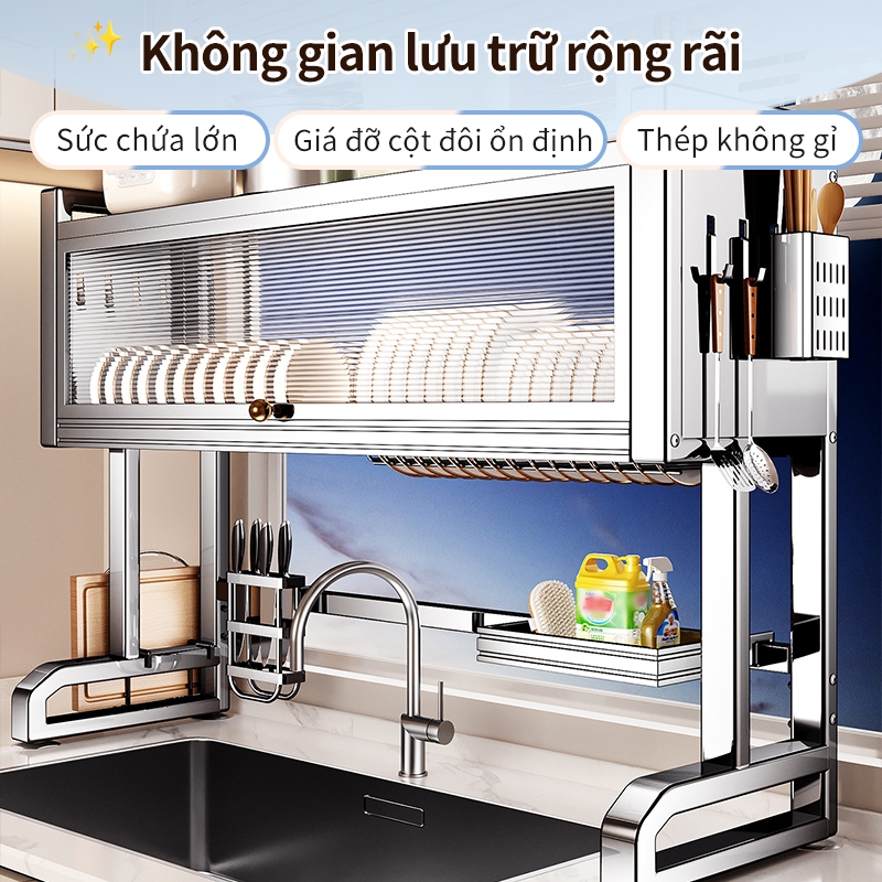 Lifinity Kệ Inox Chống Bụi 2 Tầng Có Nắp - Gác Bồn Rửa Đa Năng, Tặng Kèm Ống Đũa, Giá Dao, Thớt, Rổ