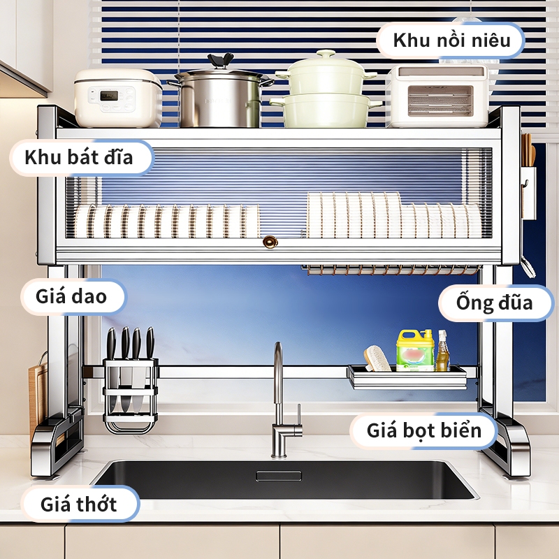 Lifinity Kệ Inox Chống Bụi 2 Tầng Có Nắp - Gác Bồn Rửa Đa Năng, Tặng Kèm Ống Đũa, Giá Dao, Thớt, Rổ