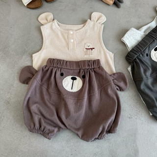 Set bộ gấu áo sát nách phối nút xinh xắn quần bo form phồng in hình gấu đáng yêu