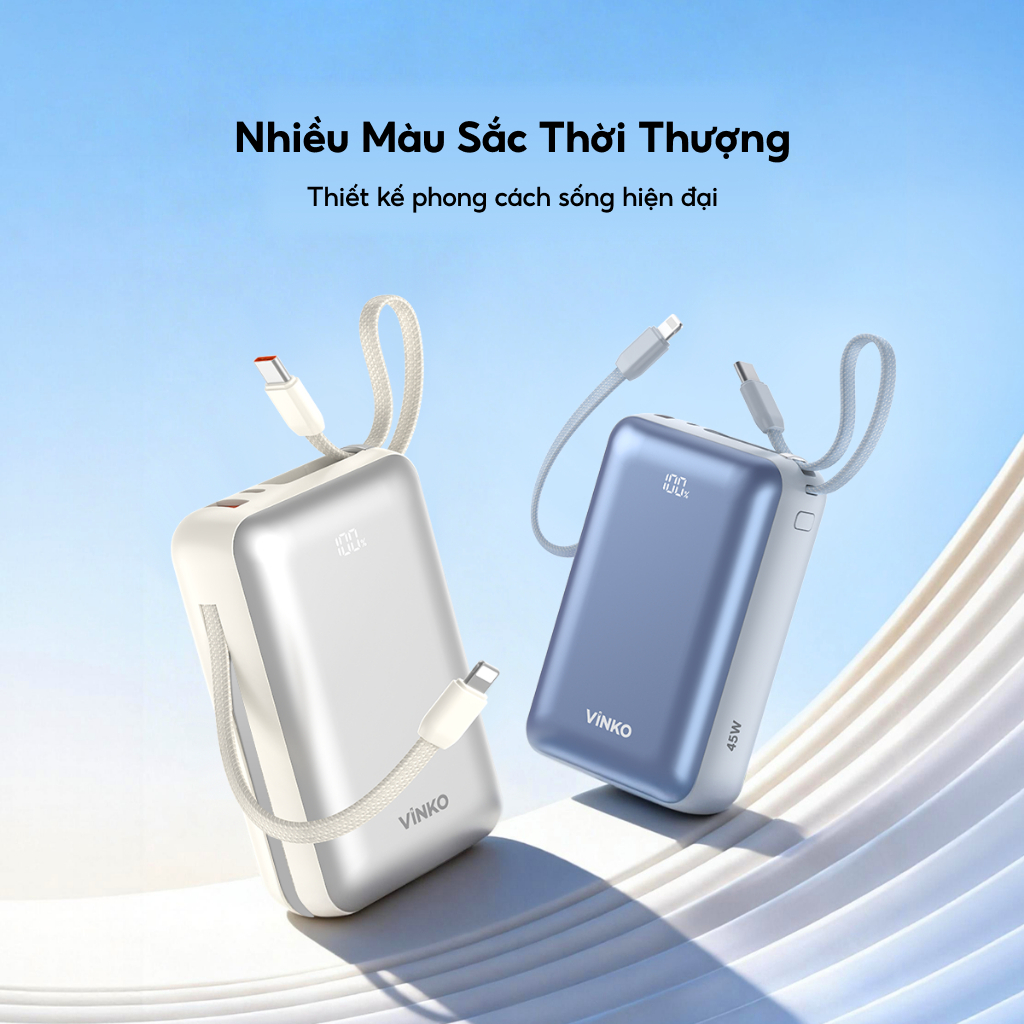 3C Cục Sạc Dự Phòng VINKO 45W 20000mAh V10 Pro tích dây sạc Type-C & ip cho iPhone Android với màn hình LED CCC
