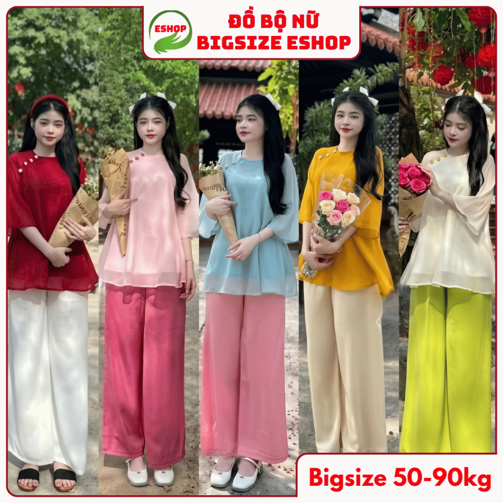 Set Pháp Phục Đi Chùa Bigsize 45-90kg Đồ Lam Cách Tân Áo Tơ Voan Quần Lụa Suông Mặc Tết ESHOP MS317