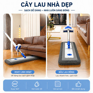 Chổi Lau Nhà Tự Vắt Thông Minh 360 Độ | Cây Lau Sàn Microfiber Siêu Thấm Hút, Dễ Vắt Kèm 2 Bông Lau