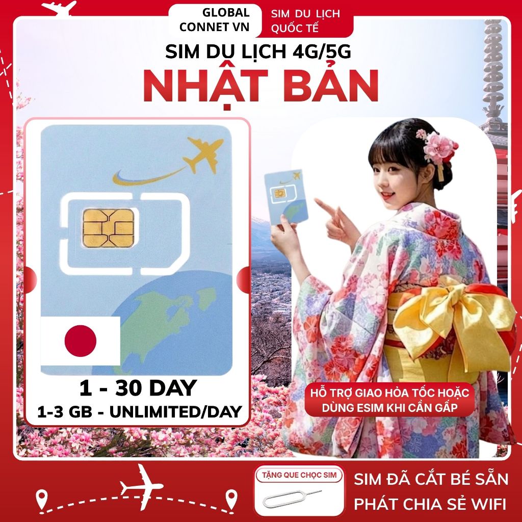 Sim Du Lịch NHẬT BẢN [1 - 30 Ngày] 4G/ 5G Tốc Độ Cao Và Ổn Định - Tặng Kèm Cây Chọc Sim"