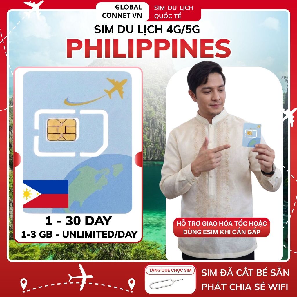 Sim Du lịch PHILIPPINES [1 - 10 Ngày] 4G/ 5G Tốc Độ Cao Và Ổn Định - Tặng Kèm Cây Chọc Sim