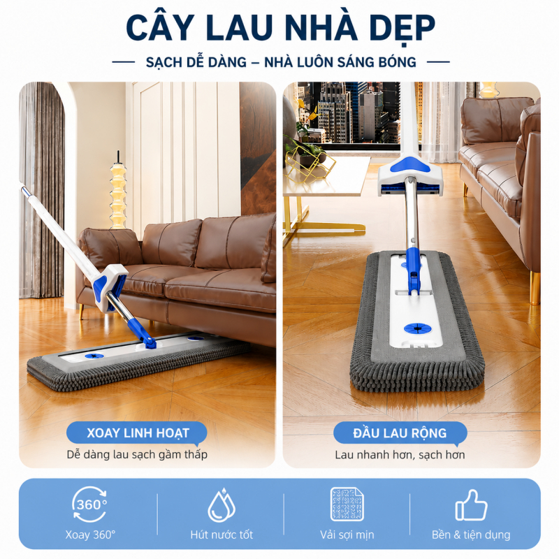 Cây Lau Nhà Tự Vắt Microfiber 45CM | Chổi Lau Sàn Chống Bám Bẩn, Xoay Linh Hoạt 360 Độ, Phù Hợp Mọi Loại Sàn