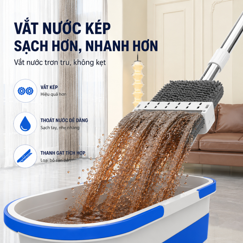 Cây Lau Nhà Tự Vắt Microfiber 45CM | Chổi Lau Sàn Chống Bám Bẩn, Xoay Linh Hoạt 360 Độ, Phù Hợp Mọi Loại Sàn