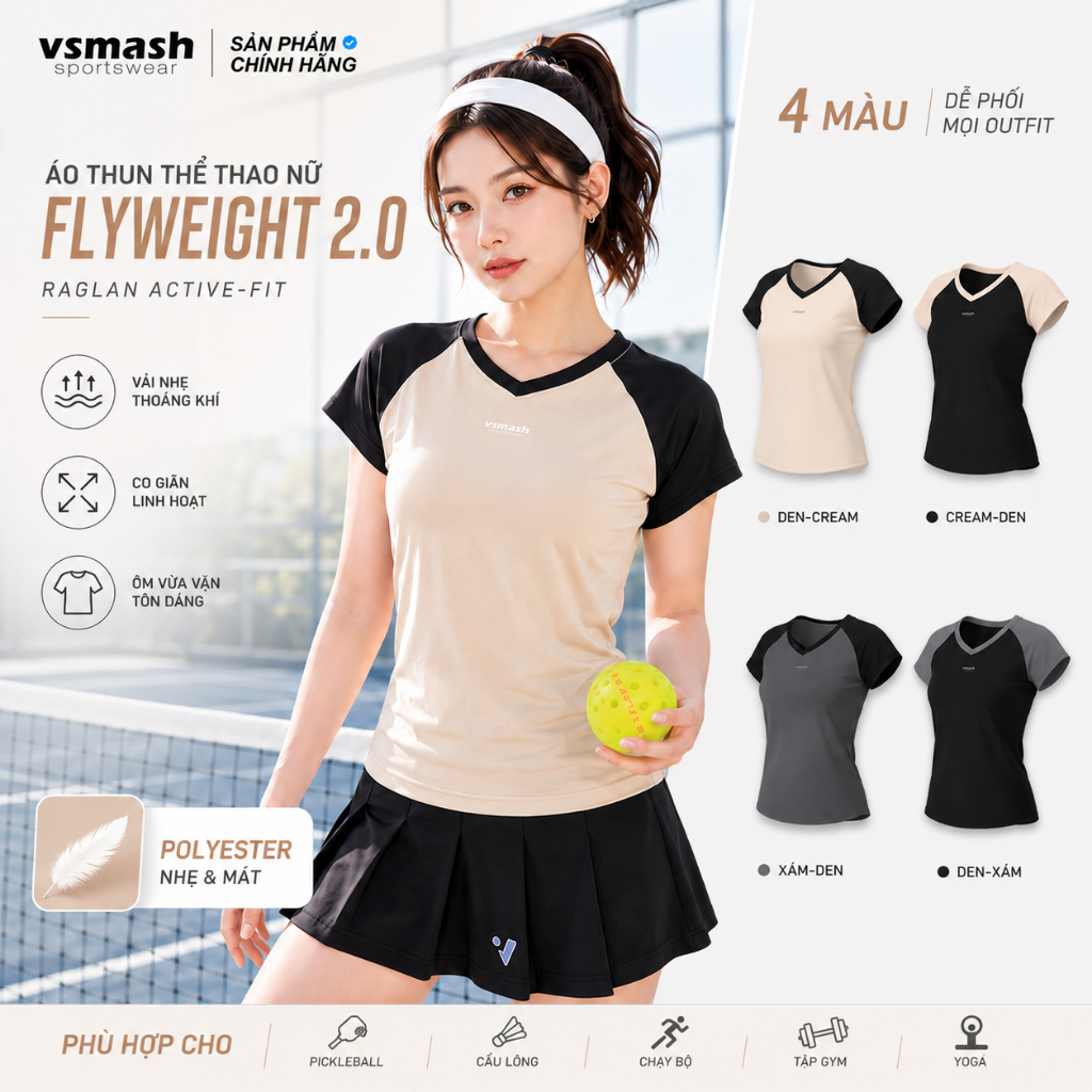 Áo Thun Thể Thao Nữ Vsmash Sportswear FLYWEIGHT 2.0 – Co Giãn, Nhẹ, Mát, Gym Chạy Bộ Cầu Lông Yoga Tennis Pickleball