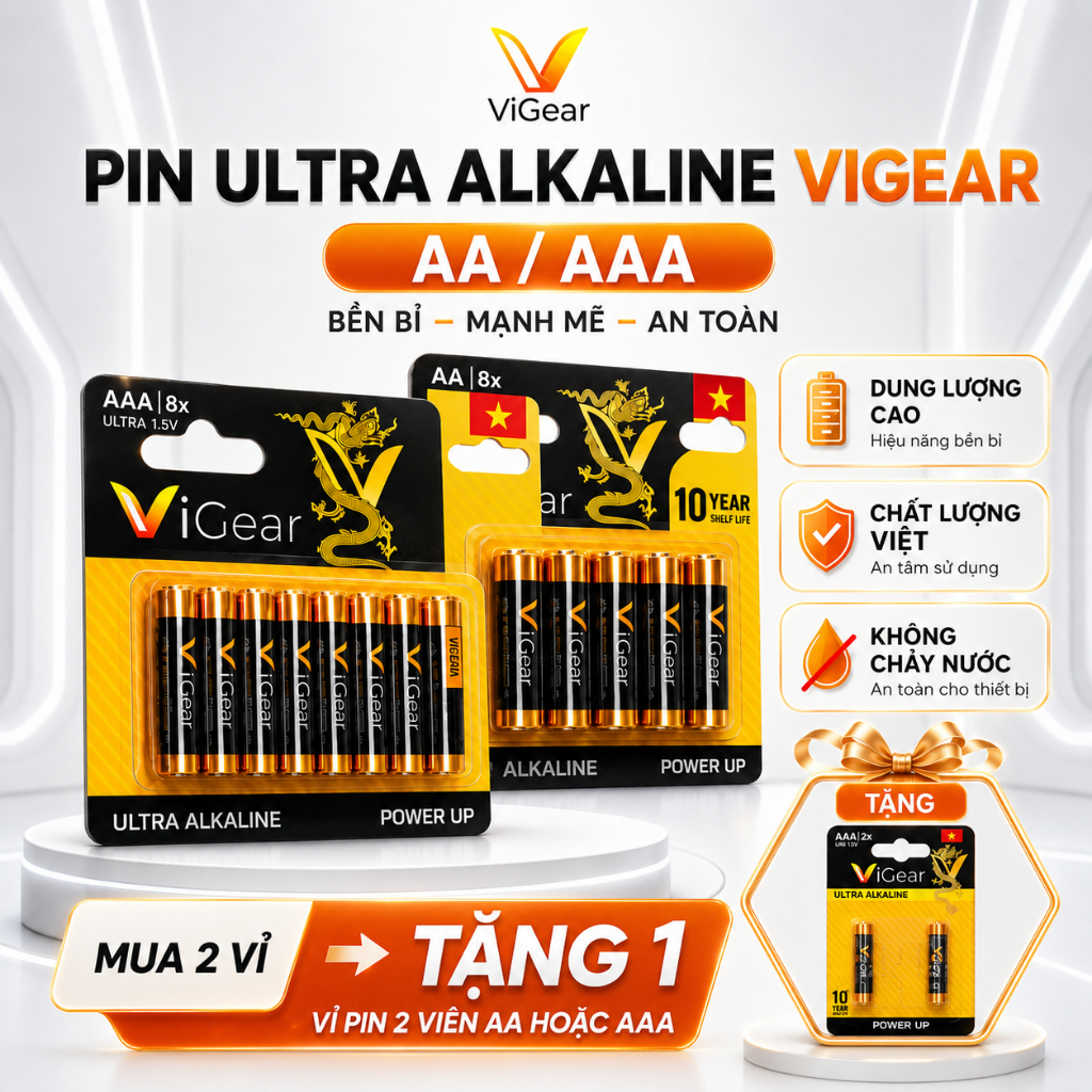Pin AA / Pin AAA Ultra Alkaline Vigear Vỉ 8 Viên Chính Hãng dành cho đồng hồ điều khiển Tuổi Thọ 10 Năm