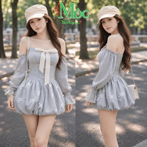 Đầm váy ngắn, Jum đầm babydoll Cotton lạnh kẻ sọc nơ tay rời dáng ngắn xinh mặc hè (QCMK)