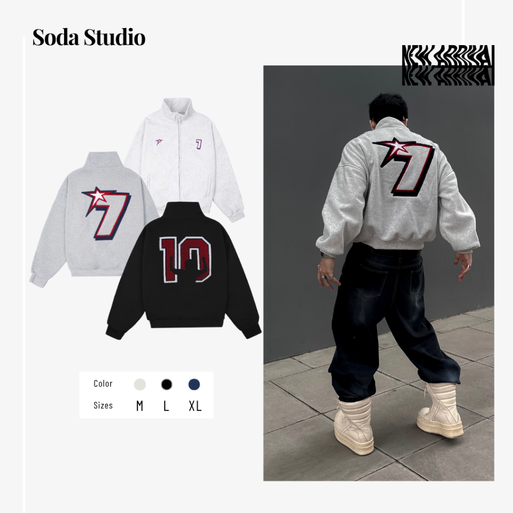 [SUMMER SALE]  Soda Studio| Áo Hoodie Form Boxy Thêu xù SE7EN FLASH - Áo khoác Thời trang Cổ cao thêu số 7 Unisex Nam Nữ