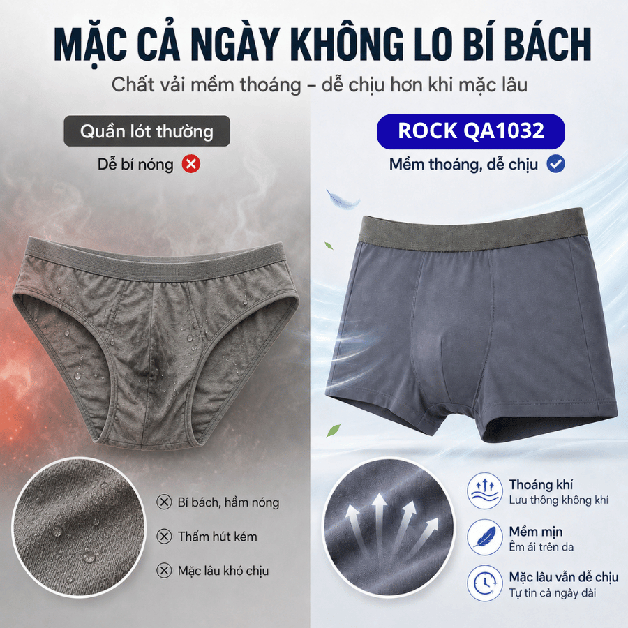 Quần Lót Nam ROCK QA 1032 Trơn Cao Cấp Co Giãn 4 Chiều, Quần Sịp Nam Chất Liệu Mềm Mịn, Thoáng Khí