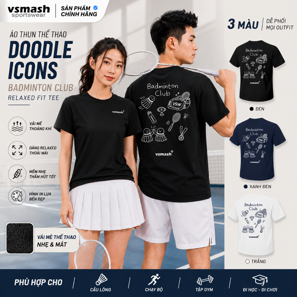 Áo Thun Thể Thao Unisex Cầu Lông Daily Doodle Icons – Nhanh Khô Thấm hút Co Giãn 4 Chiều Nhiều màu Gym Cầu lông