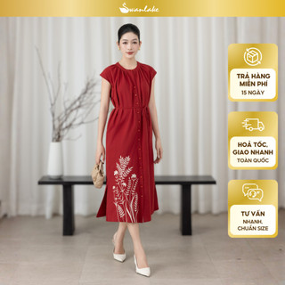 SWANLAKE | Váy Đầm Nữ Midi Cổ Chữ V Dây Thắt Eo Vải Linen Thêu Hoa Cài Nút Xẻ Tà Đi Biển D13519