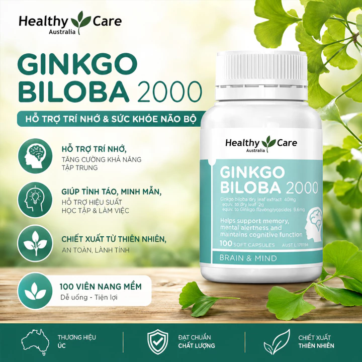 Viên Uống Bổ Não Healthy Care Ginkgo Biloba 2000mg (Hộp 100 Viên) - Hỗ Trợ Tăng Cường Trí Nhớ, Giảm Mất Tập Trung