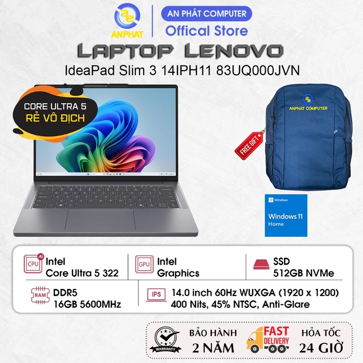 Laptop Lenovo IdeaPad Slim 3 14IPH11 83UQ000JVN, Core Ultra 5 322, 16GB RAM, 512GB SSD, 14.0 inch FHD+ IPS, Win11