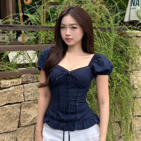 Áo Babydoll Nữ Kiểu Tay Phồng Ren Ngực Thắt Nơ Phong Cách Mùa Hè Kimee - KA840