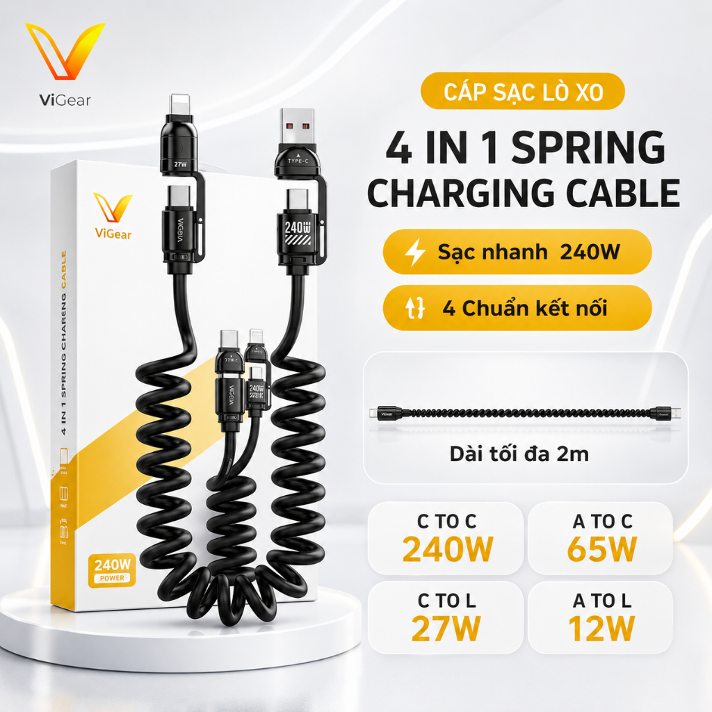 Cáp Sạc Nhanh Lò Xo 4 Trong 1 PREMIUM ViGear Siêu Tiện Lợi Kéo Dài 2m dành cho điện thoại