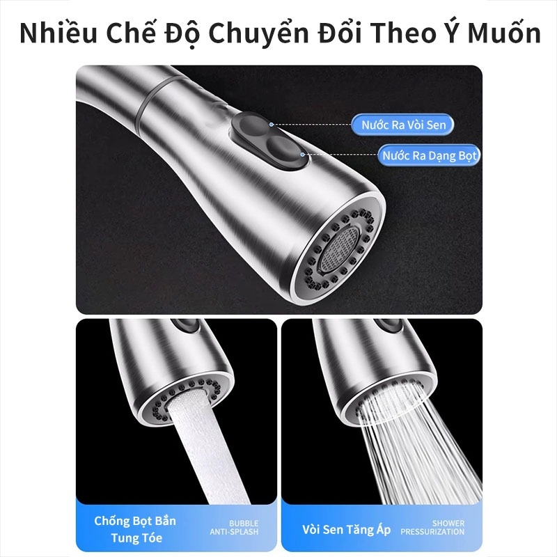 Vòi nước, Vòi rửa chén nóng lạnh chất liệu thép không gỉ, 2 chế đô phun nước
