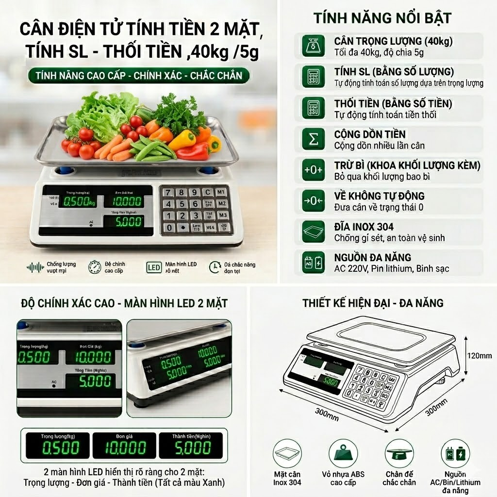 Cân Điện Tử 40Kg, Chính Xác 5g, Màn Hình LED 2 Mặt, Dùng Pin Hoặc Sạc, Tính Tiền Thông Minh, Phù Hợp Cửa Hàng, Chợ, Kinh