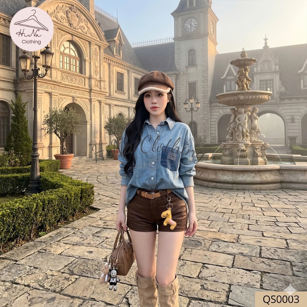 Quần short sooc ngắn jean denim bò cạp cao kèm đai vàng charm ngựa HiNa QCCC QCL1 QS0003 #3705