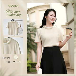 Áo Kiểu Nữ LAMER FASHION Công Sở Dáng Suông Cộc Tay Cổ Lọ Bẻ Màu be O61B26H002
