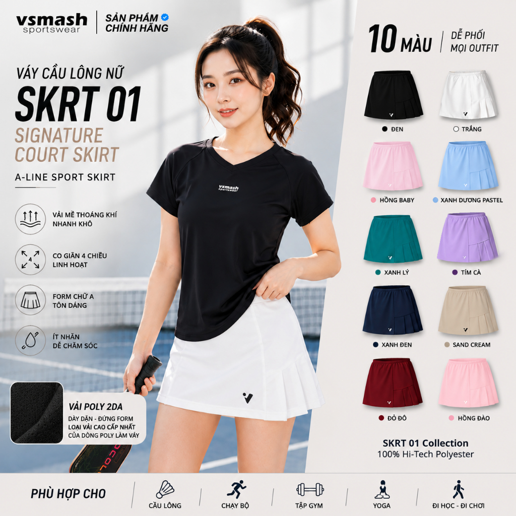 Váy Cầu Lông Vsmash Sportwear “SKRT 01” – Váy Thể Thao Ngắn Form Chữ A, Lót 2 Lớp, Umi 4 Chiều Cao Cấp, Mềm Mại, Co Giãn