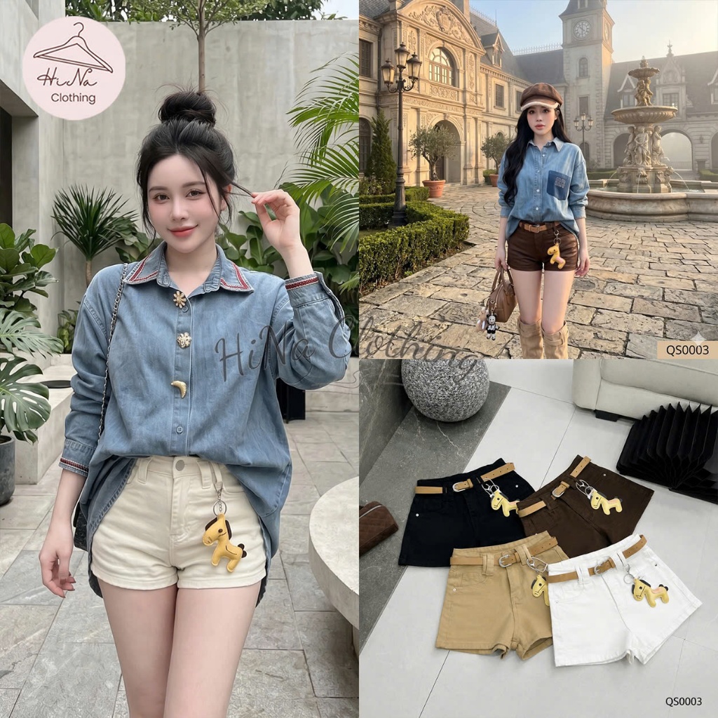 Quần short sooc ngắn jean denim bò cạp cao kèm đai vàng charm ngựa HiNa QCCC QCL1 QS0003 #3705