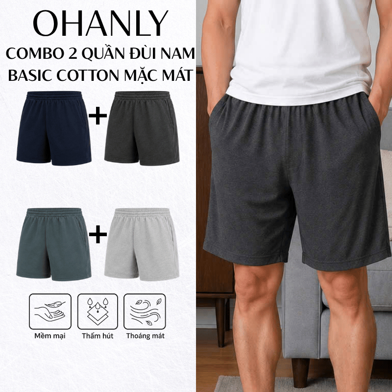 Combo 2 Quần Đùi Nam Mặc Nhà OHANLY – Quần Short Nam Cotton Form Suông Co Giãn Mặc Nhà Đi Chơi Thể Thao Basic