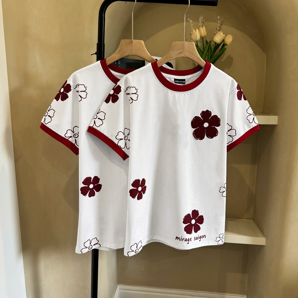 Áo Thun Trắng Hoa Đỏ Dễ Thương, Chất Cotton Mềm Mịn, Có Kèm Hình Thật.
