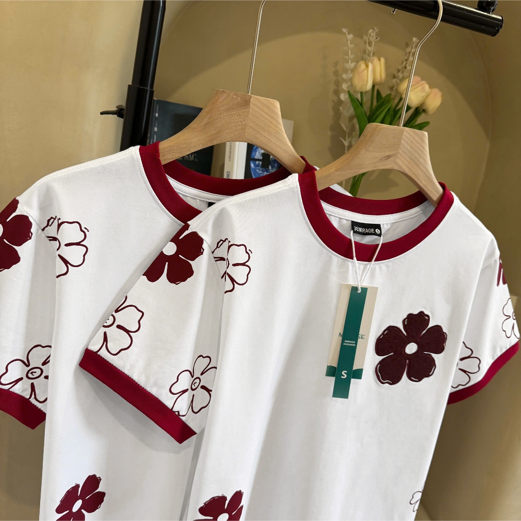 Áo Thun Trắng Hoa Đỏ Dễ Thương, Chất Cotton Mềm Mịn, Có Kèm Hình Thật.