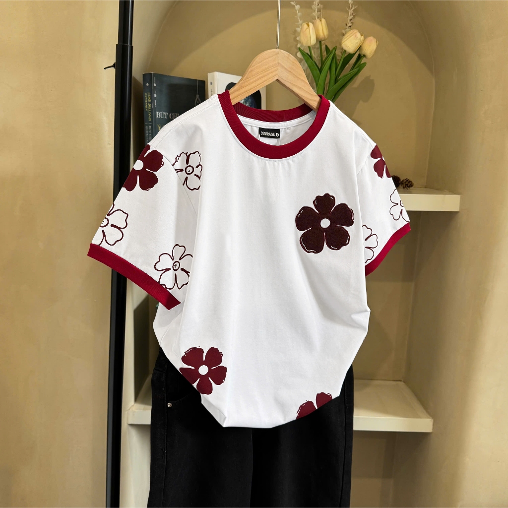 Áo Thun Trắng Hoa Đỏ Dễ Thương, Chất Cotton Mềm Mịn, Có Kèm Hình Thật.