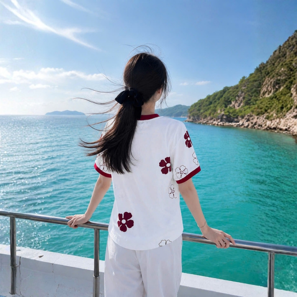 Áo Thun Trắng Hoa Đỏ Dễ Thương, Chất Cotton Mềm Mịn, Có Kèm Hình Thật.