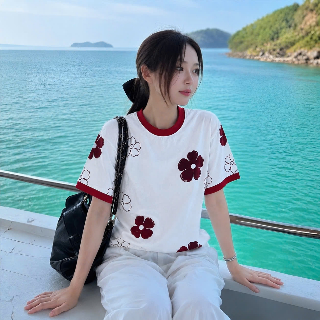 Áo Thun Trắng Hoa Đỏ Dễ Thương, Chất Cotton Mềm Mịn, Có Kèm Hình Thật.