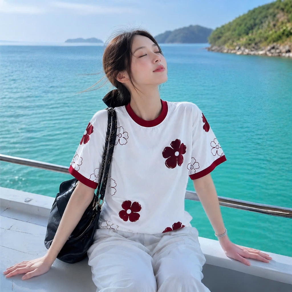 Áo Thun Trắng Hoa Đỏ Dễ Thương, Chất Cotton Mềm Mịn, Có Kèm Hình Thật.