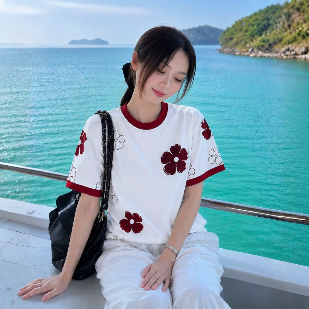 Áo Thun Trắng Hoa Đỏ Dễ Thương, Chất Cotton Mềm Mịn, Có Kèm Hình Thật.