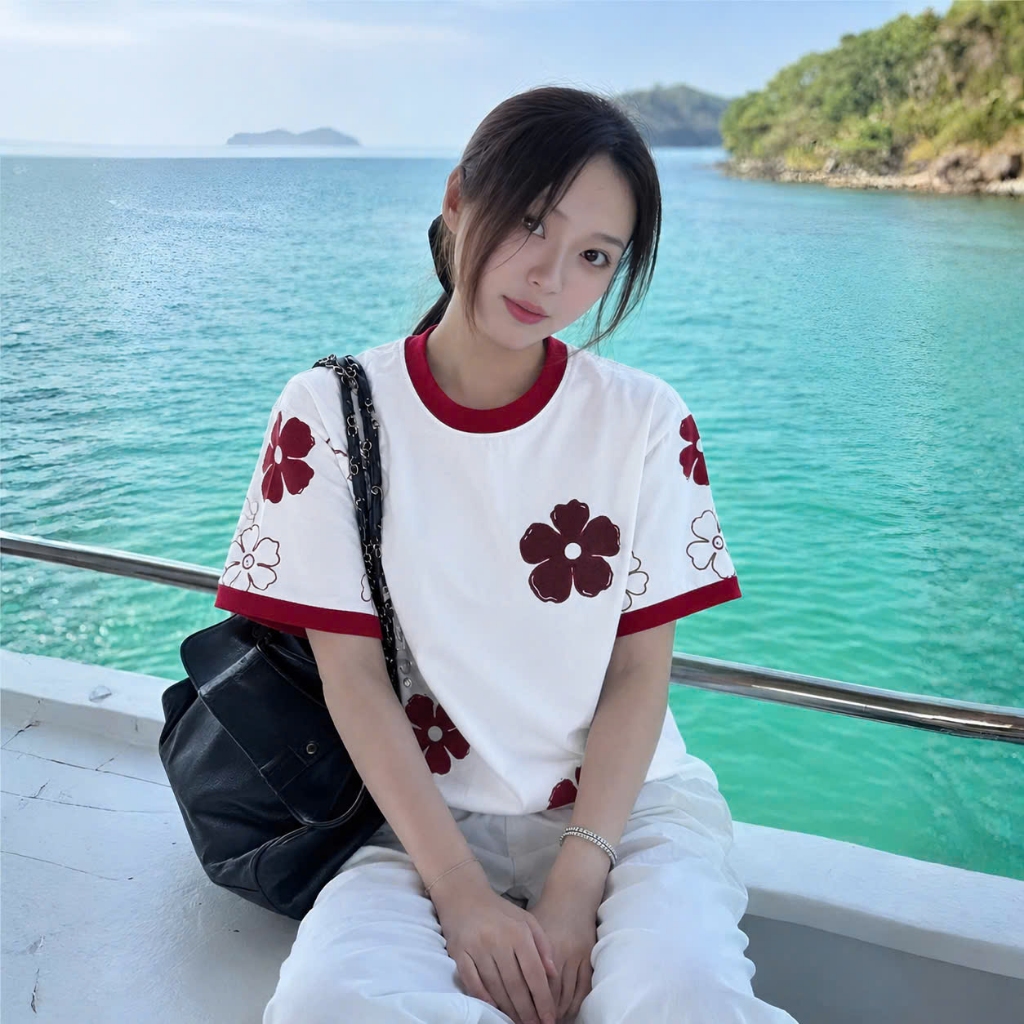 Áo Thun Trắng Hoa Đỏ Dễ Thương, Chất Cotton Mềm Mịn, Có Kèm Hình Thật.