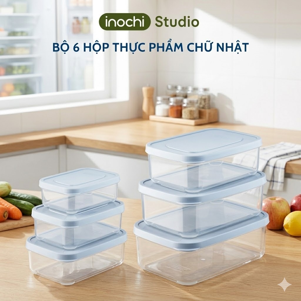 inochi Bộ 6 hộp thực phẩm chữ nhật. Nhựa nguyên sinh chứa Ag+ kháng khuẩn, an toàn lò vi sóng.