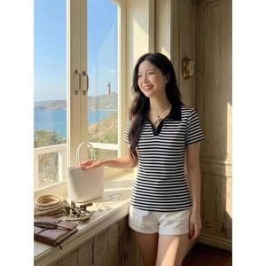 Áo Thun Nữ Kẻ Sọc Polo Cổ Bẻ Form Ôm Basic Hàn Quốc Linh Tây.Clothing -A008
