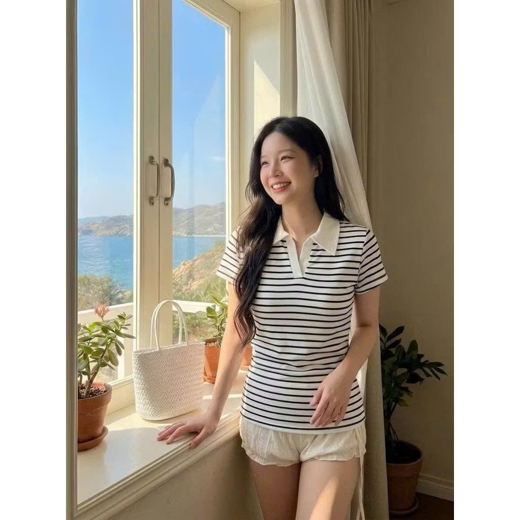 Áo Thun Nữ Kẻ Sọc Polo Cổ Bẻ Form Ôm Basic Hàn Quốc Linh Tây.Clothing -A008