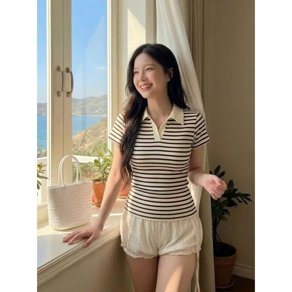 Áo Thun Nữ Kẻ Sọc Polo Cổ Bẻ Form Ôm Basic Hàn Quốc Linh Tây.Clothing -A008