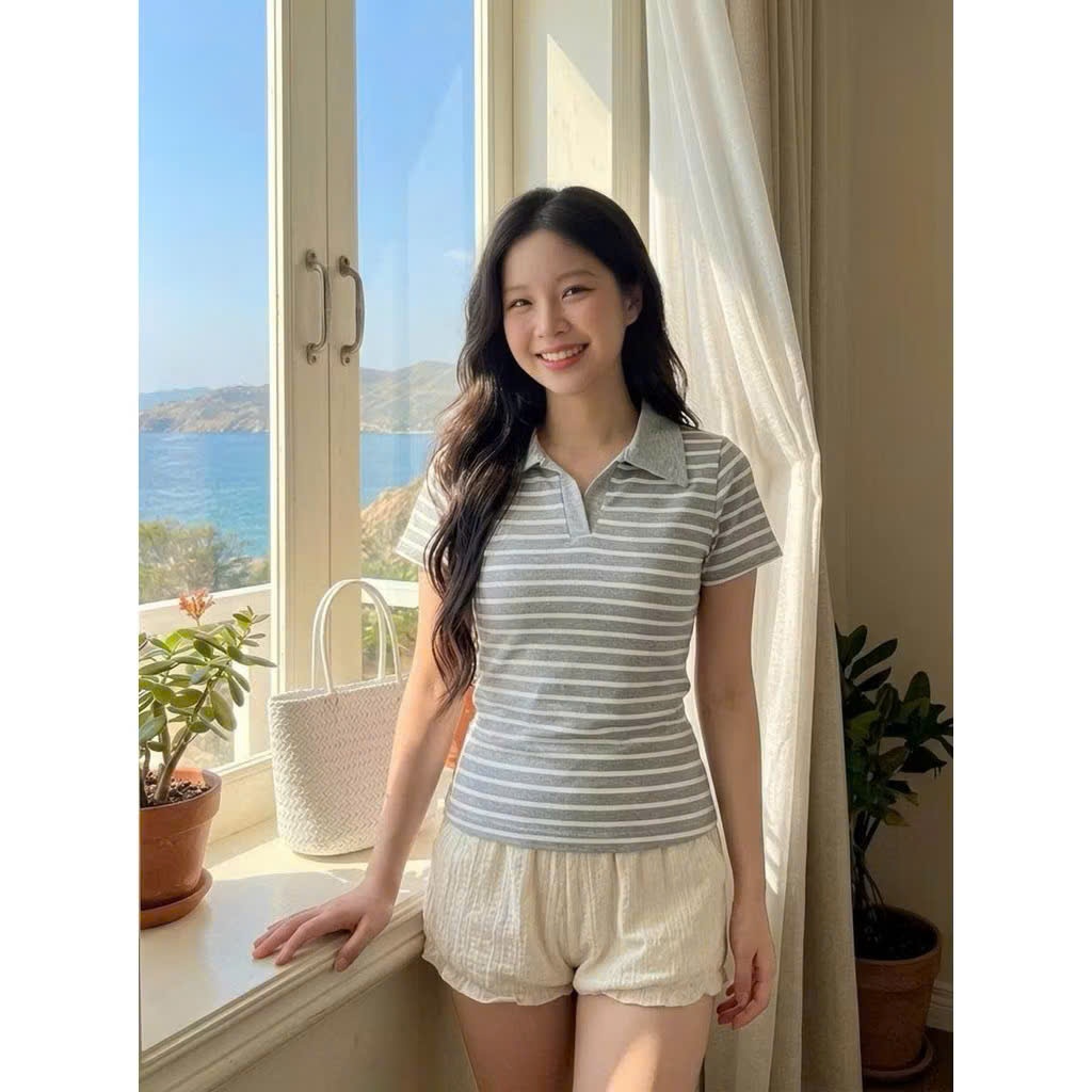 Áo Thun Nữ Kẻ Sọc Polo Cổ Bẻ Form Ôm Basic Hàn Quốc Linh Tây.Clothing -A008