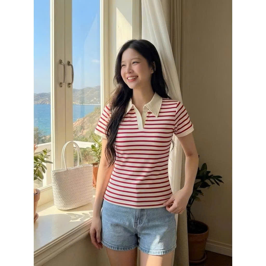Áo Thun Nữ Kẻ Sọc Polo Cổ Bẻ Form Ôm Basic Hàn Quốc Linh Tây.Clothing -A008