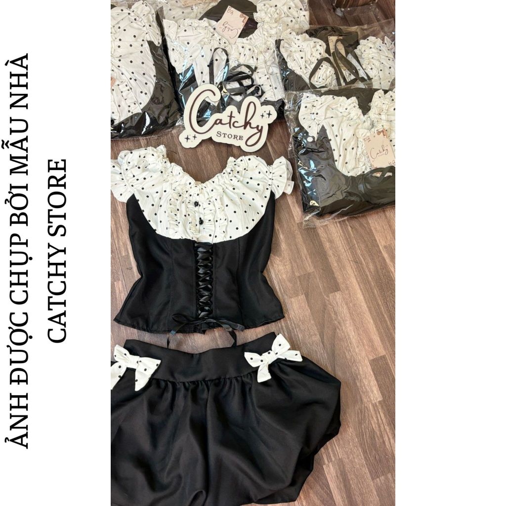 Set đồ nữ áo kiểu chấm bi cổ vuông viền bèo phối quần bí đính nơ xinh xắn tiểu thư CATCHYstore