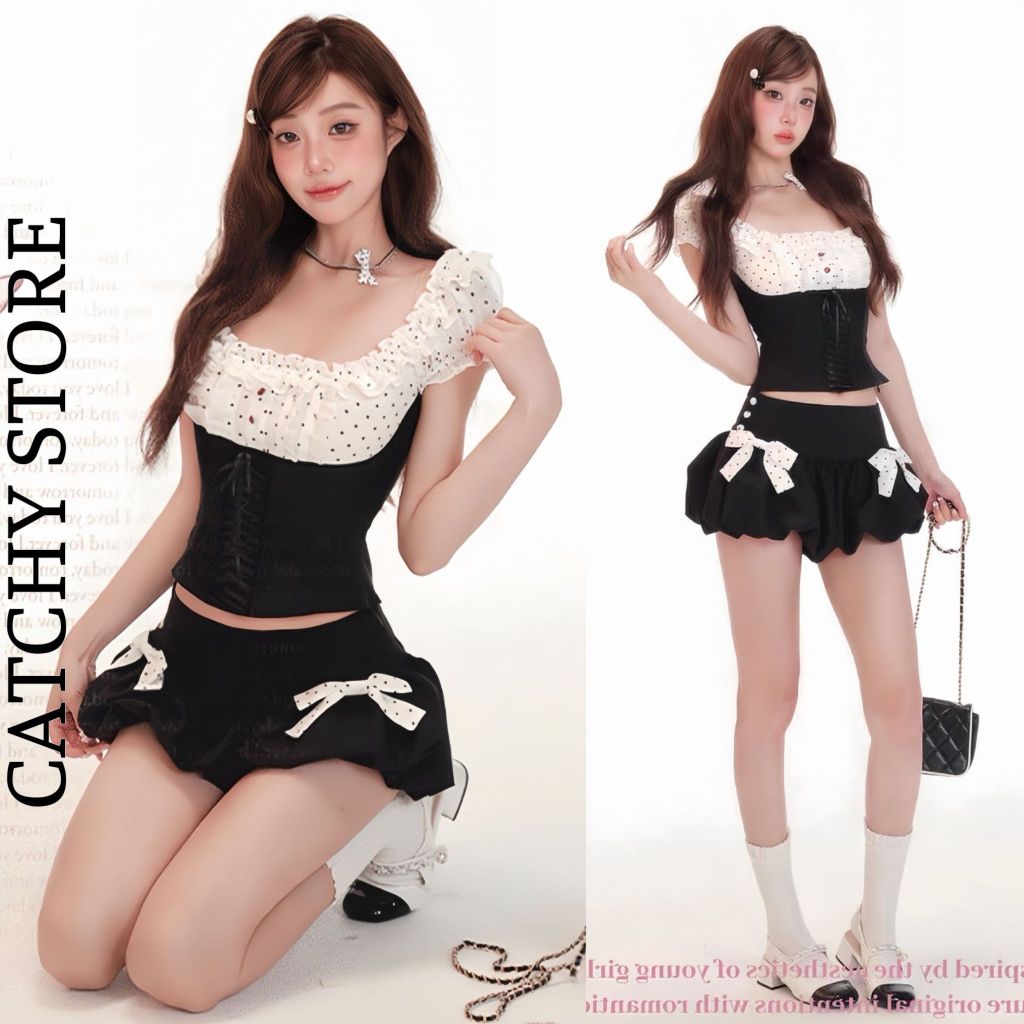Set đồ nữ áo kiểu chấm bi cổ vuông viền bèo phối quần bí đính nơ xinh xắn tiểu thư CATCHYstore
