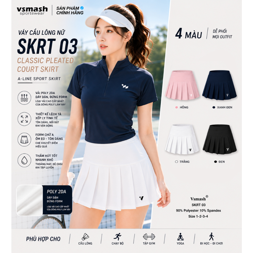 Váy Cầu Lông Vsmash Sportwear “SKRT 03” – Váy Thể Thao Form Xòe Xếp Ly Lót 2 Lớp, Umi 4 Chiều Cao Cấp, Mềm Mại, Co Giãn