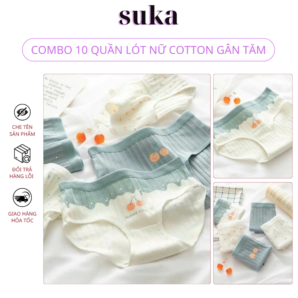 Set 10 Quần Lót Nữ Cotton Gân Tăm Mềm Dày Dặn , họa tiết dễ thương 275