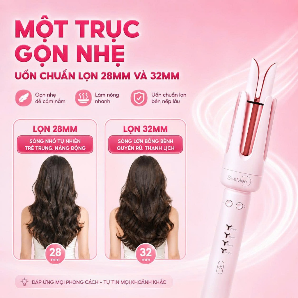 [GIÁ 271K TẠI LIVE SHOP] Máy Uốn Tóc Tự Động Seemee trục đa năng 28mm 32mm chất liệu gốm sứ bảo vệ tóc bản 2025, LIS